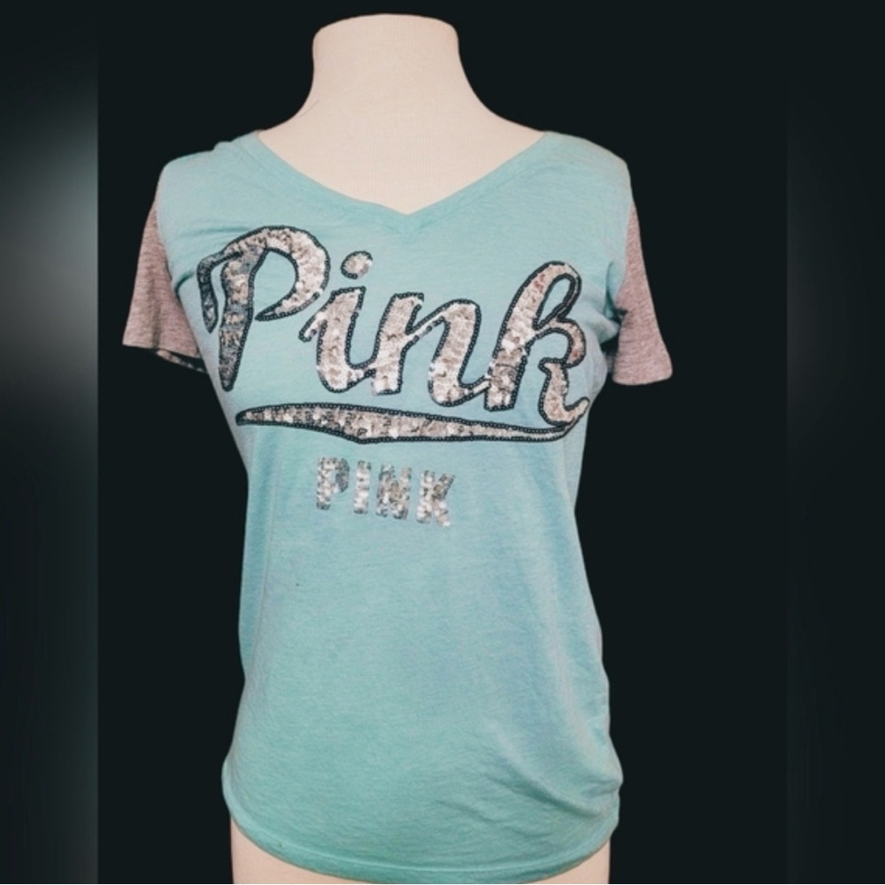PINK Victoria's Secret women's  Sequin Tee - Aqua and Gray